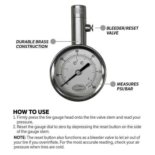 Slime 20459 Tire Pressure Gauge, Dial, Analogue, Brass Tire Gauge (5-60 psi) - size: Standard, style: Analogue