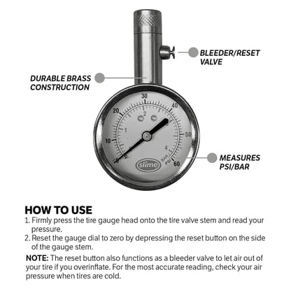 Slime 20459 Tire Pressure Gauge, Dial, Analogue, Brass Tire Gauge (5-60 psi) - size: Standard, style: Analogue