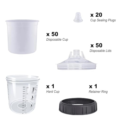Disposable Paint Spray Gun Cup System for HVLP Paint Spray Paint Gun, Standard 20 Ounce (600ml) Kit with 50 Cups and Lids, 1 Hard Paint Mixing Cup with Retainer Ring and 20 Plugs. - color: Dis-600m1-50pcs