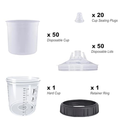 Disposable Paint Spray Gun Cup System for HVLP Paint Spray Paint Gun, Standard 20 Ounce (600ml) Kit with 50 Cups and Lids, 1 Hard Paint Mixing Cup with Retainer Ring and 20 Plugs. - color: Dis-600m1-50pcs