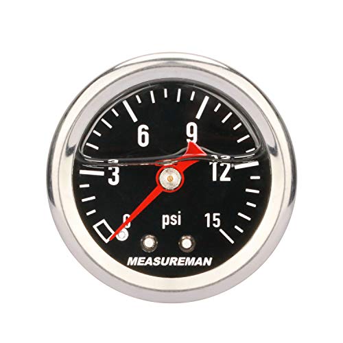 MEASUREMAN 1.5" Black Dial, 304 Stainless Steel case, Liquid Filled Fuel Pressure Gauge, 0-15Psi, 3-2-3%, 1/8" NPT Center Back Mount - size: 0-15 psi, style: Back Mount (Black Dial)