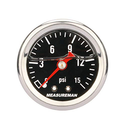 MEASUREMAN 1.5" Black Dial, 304 Stainless Steel case, Liquid Filled Fuel Pressure Gauge, 0-15Psi, 3-2-3%, 1/8" NPT Center Back Mount - size: 0-15 psi, style: Back Mount (Black Dial)