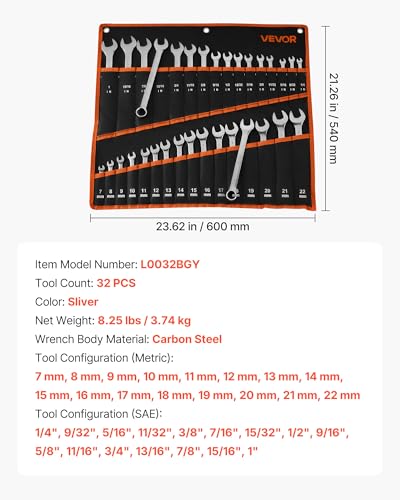 VEVOR Combination Wrench Set, 32-Piece SAE and Metric, 12-Point Box End and 15° Angled Open End Combination Wrenches with Roll Up Pouch, Carbon Steel, for General Household and Automotive Repairs - size: 32PCS