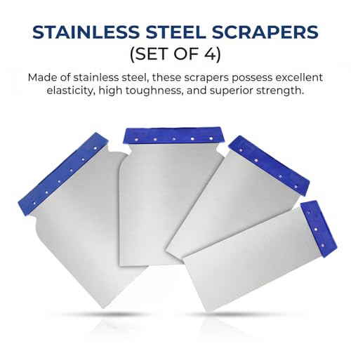 4 Pcs Metal Body Filler Spreader Set, Stainless Steel Putty Knife Kit for Bondo & Glaze, Reusable Auto Body Repair Tools - color: Blue