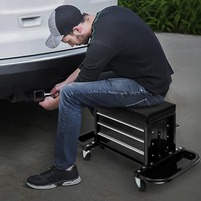 M-AUTO Rolling Mechanic Stool Garage Toolbox Stool Tool Chest Seat w/Wheels, 350LBS Capacity Padded Mechanic Stool Creeper Seat w/Drawers & Side Tool Trays for Home Garage and Workshop, Black