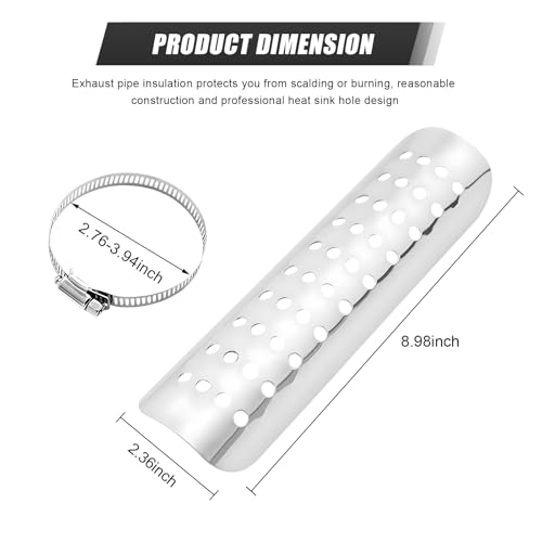 Motorcycle Heat Shield, Metal Exhaust Pipe Heat Shield with 2 Stainless Steel Clamps, Universal Exhaust Pipe Heat Insulation Cover Muffler Protector with Ventilation Hole (Silver) - color: Silver