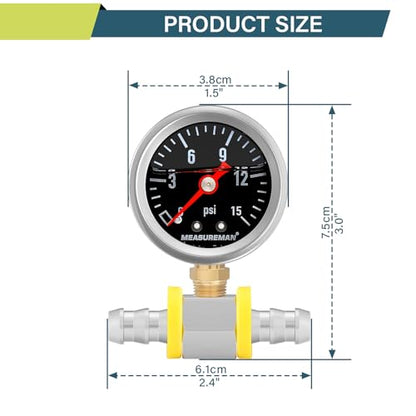 MEASUREMAN 0-15 Psi Glycerin Filled Fuel Pressure Gauge, 1.5” Dial, 304 Stainless Steel Case, 1/8” NPT Lower Mount, with 3/8” Fuel Line Adapter, Copper Tube & Fittings, Red Aluminum Pointer - size: 0-15 psi, style: Lower Mount (7 Pieces Kit Black)