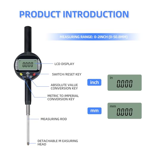 Digital Dial Gauge,with A Range of 50.8mm/2 in,Dlectrical Digital Indicator Graduation of 0.001mm,Metric and Imperial Measure Tool.Electronic Dial Gauge for Bearing Measurement and CNC Machine - size: 2 in/0.001