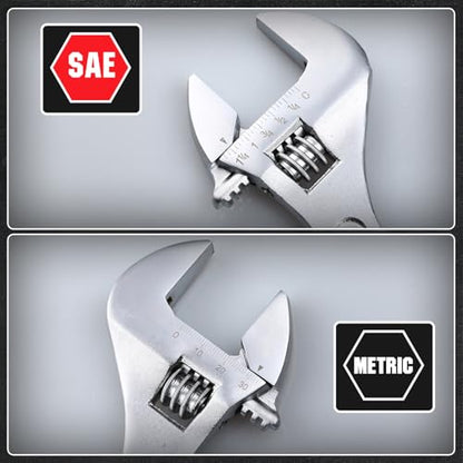 Adjustable Wrench Set, 3pc Wrench Set with SAE and Metric Scales, Heat-Treated Carbon Steel with Chrome Plated, Wide Jaw Wrenches for Home, Plumbing, Garage (10, 12, 15 Inch) - size: 10-inch,12-inch,15-inch
