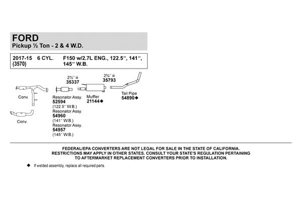 Walker 54960 Direct Fit Exhaust Resonator and Pipe Assembly 2.5" Outlet (ID) for Ford F-150