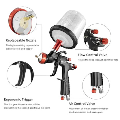 A610 LVLP Air Spray Gun Premium Kit, Automotive Paint Guns with 1.3/1.7/2.0mm Nozzles & Air Regulator, 10x 650ML Disposable Cups, Paint Gun for Cars, Furniture, Fence, Varnish&Top Coat - color: Black