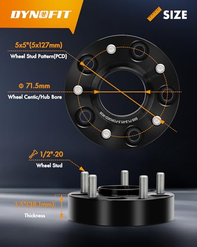dynofit 1.5" Wheel Spacers 5x5 for 2007-2018 Jeep Wrangler JK, 1999-2010 Grand Cherokee WJ WK, 71.5mm Hub Centric 5x127 Wheel Adapters for 2005-2010 Commander XK, 1/2"-20 Studs, 4Pcs Forged Spacers - size: 1.5 inch - 1/2-20 Studs
