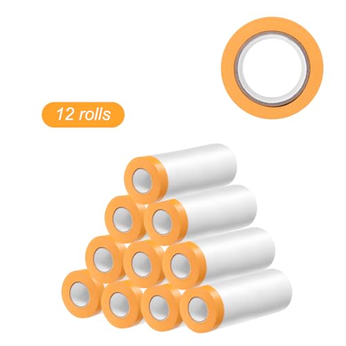 HARFINGTON 12 Rolls Pre-Taped Masking Film 35.4" x65.6ft Tape and Drape Painters Plastic Drop Cloth Film with Tape Plastic Sheeting for Automotive Painting Covering - color: Yellow, size: 35.4"x65.6ft