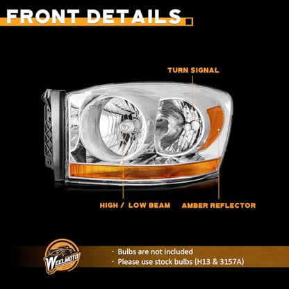 WEELMOTO Chrome Headlights with Amber Bottom for 2006-2008 Ram 1500-3500 - color: Clear Lens I Chrome Housing I Amber Reflector