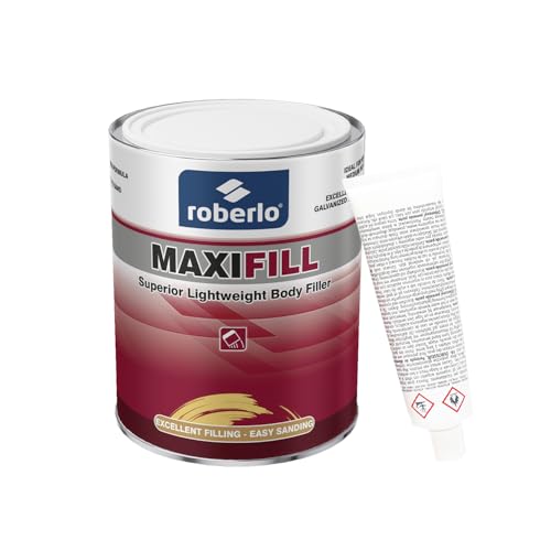 Roberlo Maxifill Superior Lightweight Body Filler - Easy Sanding, Lightweight & Paintable for Car Repairs - Adheres to Fiberglass, Metal, Plastic & More - Ideal for Dents & Scratches -1 Liter+Hardener - size: 1 Liter