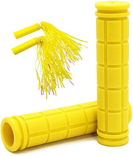 Bike Handlebar Grips with Tassel for Girls Boys and Kids - color: Yellow & Streamers