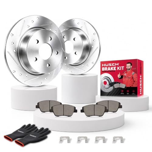 HUSCH Ceramic Brake Pads and Drilled Slotted Brake Rotors Fit for Ford - size: Drilled&Slotted-54193+D1564