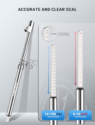 LUMITECO Dual Head Tire Pressure Gauge, Heavy Duty Extension Air Tire Gauge for Tire Pressure Range 10-150PSI 1-10BAR, Straight Foot Dual Head Chuck Auto Service Gage for Car,Semi Truck,RV,Motorcycle - size: 1 Pack Titanium Silver