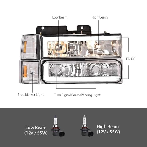 G-PLUS LED Headlights, Fit 94-99 GMC C1500 K1500 Yukon/Fit 94-99 GMC C1500 C2500 K1500 K2500 Suburban Driver & Passenger Side Bumper Headlamps,faros delanteros Assembly - size: [LED Chrome] 1994-1999 Yukon