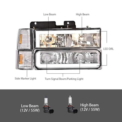 G-PLUS LED Headlights, Fit 94-99 GMC C1500 K1500 Yukon/Fit 94-99 GMC C1500 C2500 K1500 K2500 Suburban Driver & Passenger Side Bumper Headlamps,faros delanteros Assembly - size: [LED Chrome] 1994-1999 Yukon