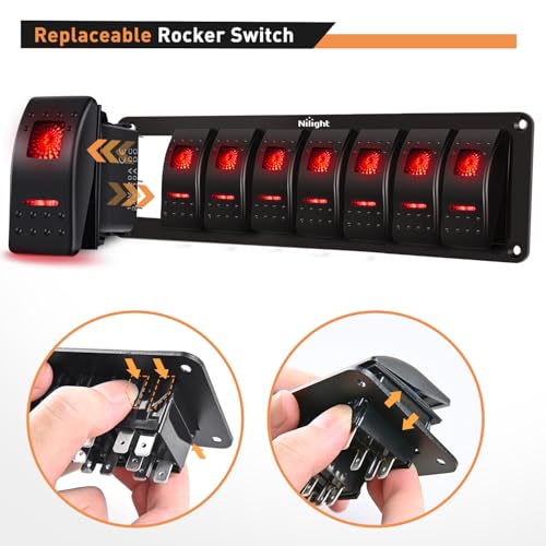 Nilight 8 Gang Rocker Switch Panel SPST On Off 5PIN Electrical Toggle Red - color: Red, size: 8 Gang