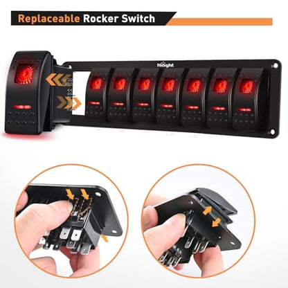 Nilight 8 Gang Rocker Switch Panel SPST On Off 5PIN Electrical Toggle Red - color: Red, size: 8 Gang