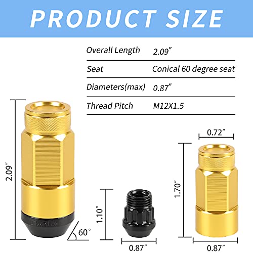 20PCS Closed End Lug Nuts M12X1.5 Wheel Rims Lug Nuts +Socket (Gold) - color: Gold