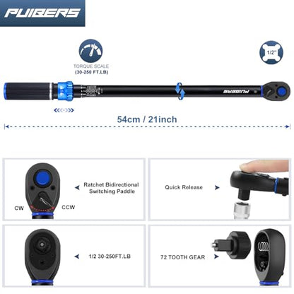 Torque Wrench 1/2 drive, 30-250 FT.LB/40.7-339 Nm, Dual-Direction Adjustable 1/2 Torque Wrench, 72-Tooth Click Dual Range Scales Wrenches for Car, Truck,Tractor - size: 1/2" 30-250 FT.LB