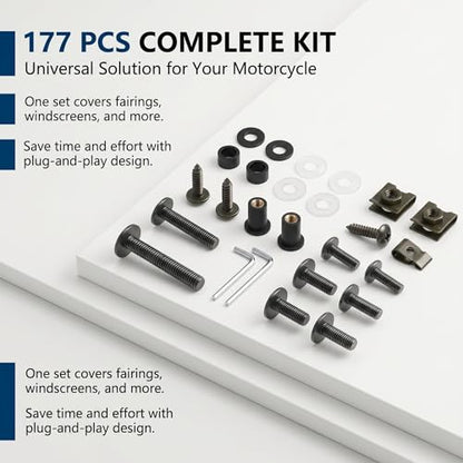 177 PCS Motorcycle Fairing Bolt Kit, M5 M6 Windscreen & Body Panel Fastener, Alloy Steel Anti-Rust Screws & Nuts Assortment with Wrench, Mounting Hardware for Most Motorcycles (Black)