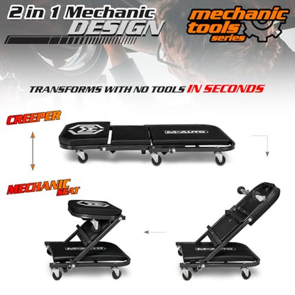 M-AUTO 40-Inch Folding Creeper Rolling Seat, All-in-One Adjustable Roller Garage Chair, Lay Down or Sit, 330LBS Capacity Under Car Roller Creeper with 6 Swivel Casters, Black - color: Black, size: 40"