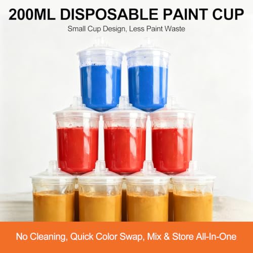 Mini HVLP Air Spray Gun Kit, Automotive Paint Guns with 0.8/1.0mm Nozzles and 10 X 200ml Disposable Paint Cup Touch Up Paint Sprayer for Car Furniture Wall DIY - color: Orange