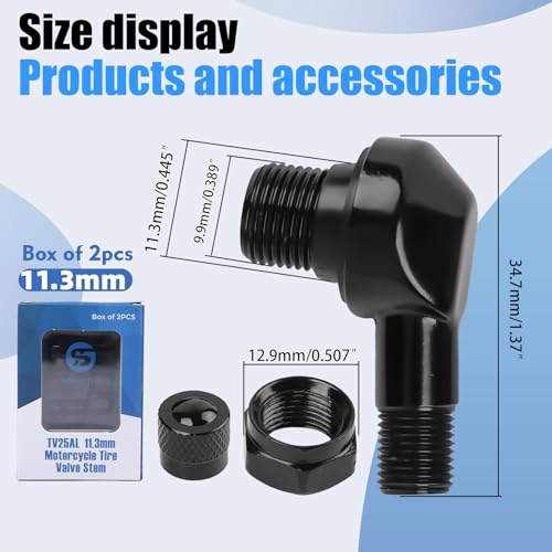 Black Aluminum 90 Degree CNC Motorcycle Tire Valve Stems TV25AL for Honda, Kawasaki, Suzuki, Yamaha, BMW, 0.453"/11.3mm+0.4mm Valve Hole Dia, Pack of 2 - size: TV25AL-11.3 2pcs