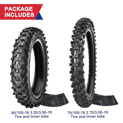 Dirt Bike Rear 90/100-16 3.25/3.50-16 Front 70/100-19 2.75/3.00-19 Tire and Inner Tube for 150cc KX100 KLX140 TTR125 CRF150 XR100 RM85L RM100 Baja DR125 Pit Bike Off Road Motocross Motorcycle
