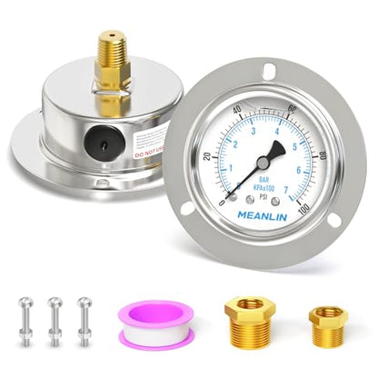 MEANLIN MEASURE 0~100Psi Liquid Filled Pressure Gauge Front Flange Panel Mount, 1/4" NPT 2.5" FACE DIAL Stainless Steel Case with Phillips Screw, Nut and Brass Hex Bushing, +/-3-2-3% - style: 0~100Psi
