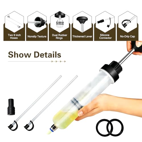 Car Power Steering Fluid Extractor, 200cc Oil Suction Pump, Manual Extraction Oil Syringe with 2 Hoses, Universal for Most Cars (White)