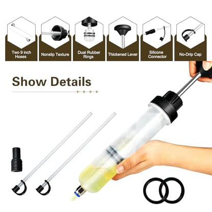 Car Power Steering Fluid Extractor, 200cc Oil Suction Pump, Manual Extraction Oil Syringe with 2 Hoses, Universal for Most Cars (White)