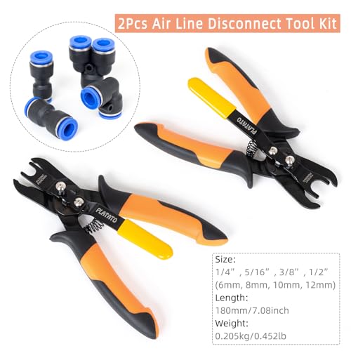 PLATATO Push to Connect Fittings Air Line Disconnect Tool Kit Push Fitting Removal Tool for 1/4”, 5/16”, 3/8”, 1/2” (6mm, 8mm,10mm,12mm) Quick Connect Release Pliers with 15 Pcs Pneumatic Fittings