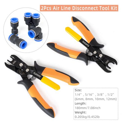 PLATATO Push to Connect Fittings Air Line Disconnect Tool Kit Push Fitting Removal Tool for 1/4”, 5/16”, 3/8”, 1/2” (6mm, 8mm,10mm,12mm) Quick Connect Release Pliers with 15 Pcs Pneumatic Fittings