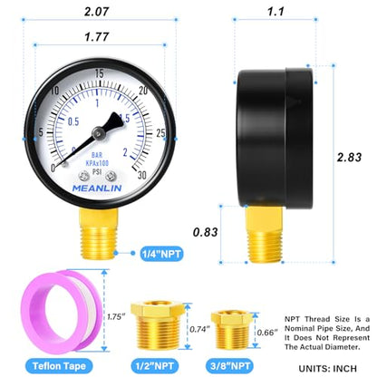 MEANLIN MEASURE 0-30Psi 2" DIAL FACE 1/4" NPT Well Pump Pressure Gauge, with 1/2" NPT and 3/8" NPT Hex Bushing, 3-2-3% Accuracy, Lower Mount - color: 1/4"NPT Lower Mount, size: 0-30Psi