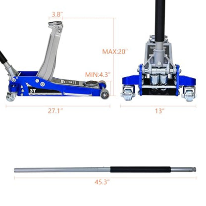 6600lbs/3Ton Aluminum Steel Floor Jack Dual Piston Hydraulic Car Jack - size: 3ton Aluminum Steel(4.3"-20")