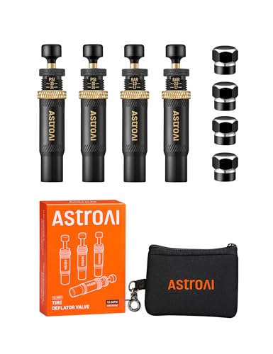 AstroAI Tire Deflator Kit 4-Pack, Automatic Anti-Corrosive Screw-On Air Down Tool Adjustable 10-30 PSI for Off-Road Vehicle SUV 4x4, Includes 4 Valve Caps Zipper Closure Bag