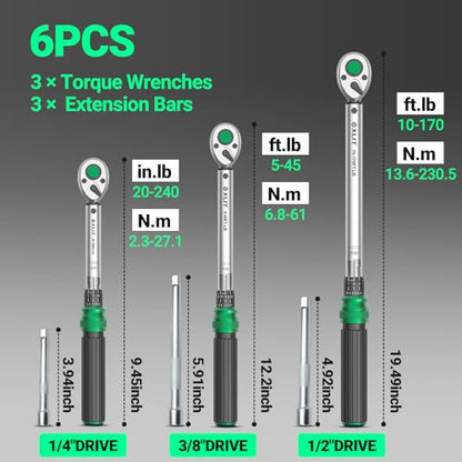 3-Piece Torque Wrench Set - 3 Click Wrenches (1/4", 3/8", 1/2") with 3pc Extension Bars, 72-Tooth Ratchet, ±3% Accuracy, for Automotive, Motorcycle & E-Bike - size: Set (1/4", 3/8", 1/2"), Multiple Ranges
