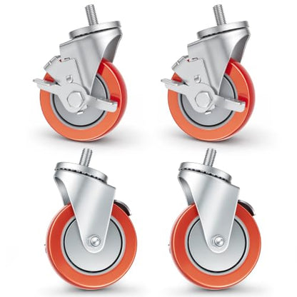 Hicarer Set of 4 Transmission Jacks Casters, 1/2inch-13 Red Poly Rotating Threaded Rod Casters Set, 2 Locking and 2 Non Locking, Transmission Jack Replacement Parts, 360° Swivel Wheel