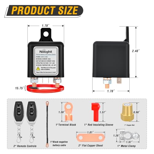 Nilight Remote Battery Disconnect Switch 12V 250A w/Black Negative Cable - color: 250A with Black Negative Wire