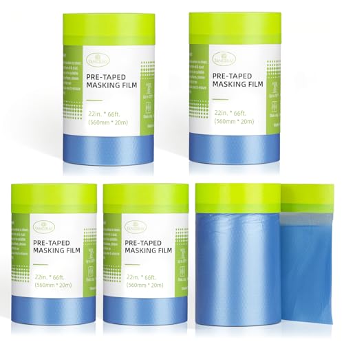 Tangibay Pre-Taped Masking Film for Painting - 22" x 66' Painters Plastic Sheeting with Automotive Paint Tape and Drape for Covering Cars, Walls, Windows and Furniture Protection (5 Rolls) - size: 5 Rolls: 22"