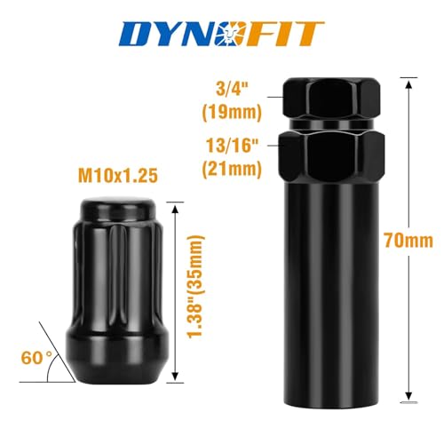 ATV M10x1.25 Aftermarket Lug Nuts for Most Hon-da Yamaha Kawasaki Suzuki, dynofit 16pcs+1socket 10mm-1.25 Black Spline Drive Conical/Cone Lugnuts for Arctic Cat/Can-Am Tuner Quad, 19mm/21mm Hex Key - size: M10 x 1.25
