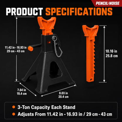 3 Ton Jack Stands with Double Locking and Large Foot Base, Car Jack Stand for SUV, UTV/ATV, Garage Lifting Tool Emergency, Black Orange, Set of 2 - color: Black Orange