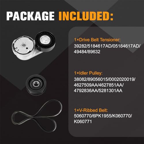 Engine Drive Belt Tensioner Idler Pulley Serpentine Belt Drive Kit Fit for Chrysler 200 Town & Country, Dodge Avenger Grand Caravan Journey, 3.6L V6, 2011-2019 - Replace 90K-39282D