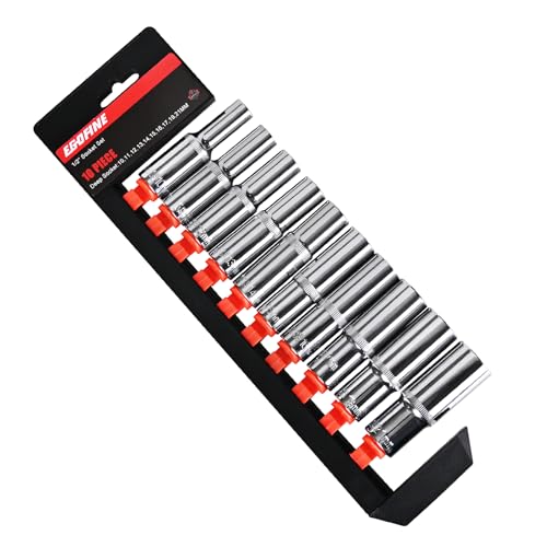 Egofine 10PCS 1/2” Drive Deep Socket Set,Metric Socket Set（10mm-21mm,6 Point Socket Set With Hanging Bracket,Cr-V Steel - color: 10pc Deep Socket Set, size: 1/2