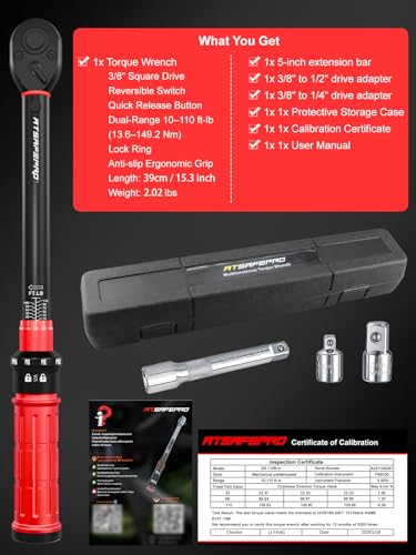 3/8 Torque Wrench 10-110 Ft-lb/13.6-149.2 Nm, ±3% Accuracy Click Torque Wrench 3/8 Inch - 72 Tooth Dual Direction, Quick Release, All Matel, Extension Bar & Adapters Set for Motorcycle and Car Repair
